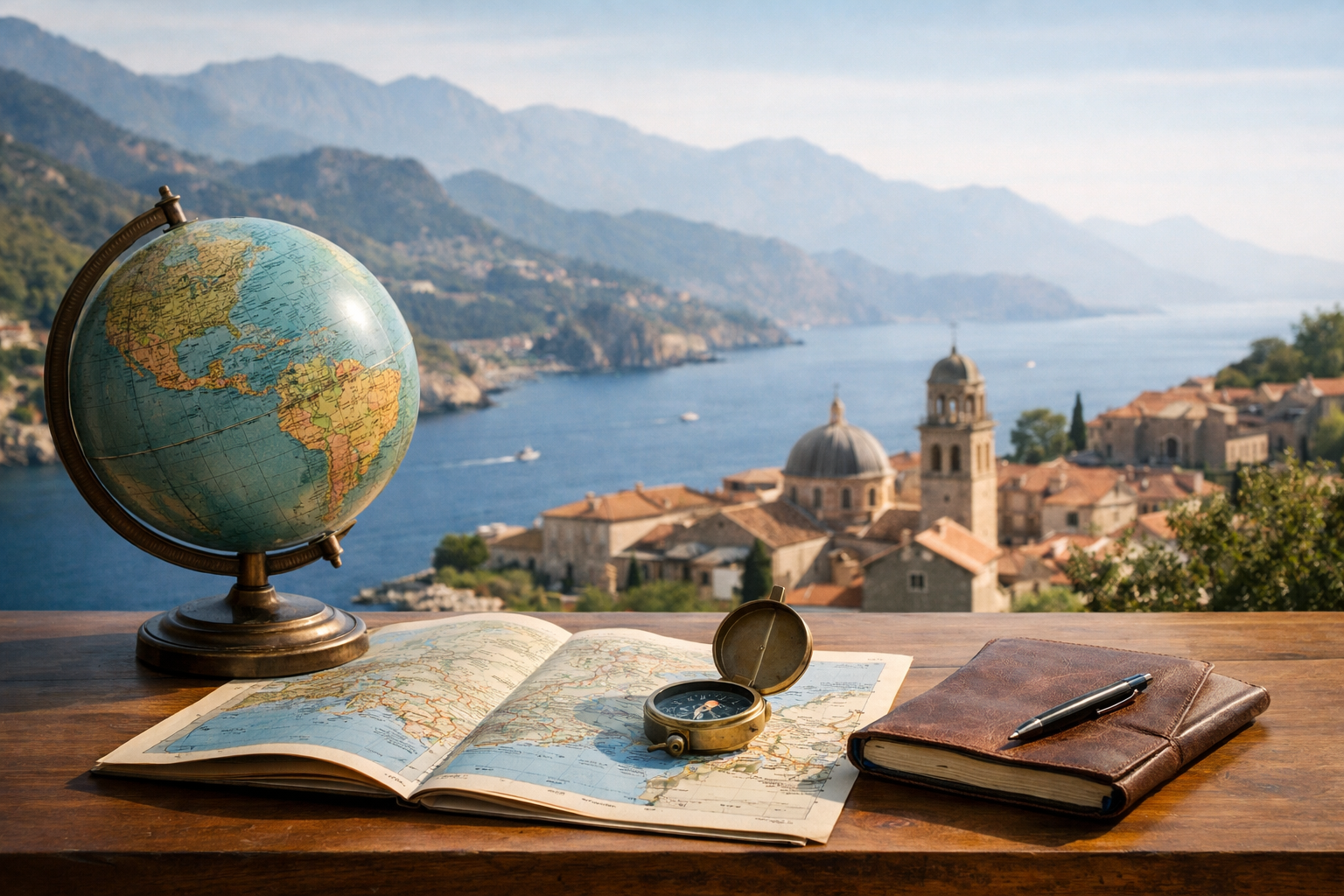 Globe, map and compass representing global travel