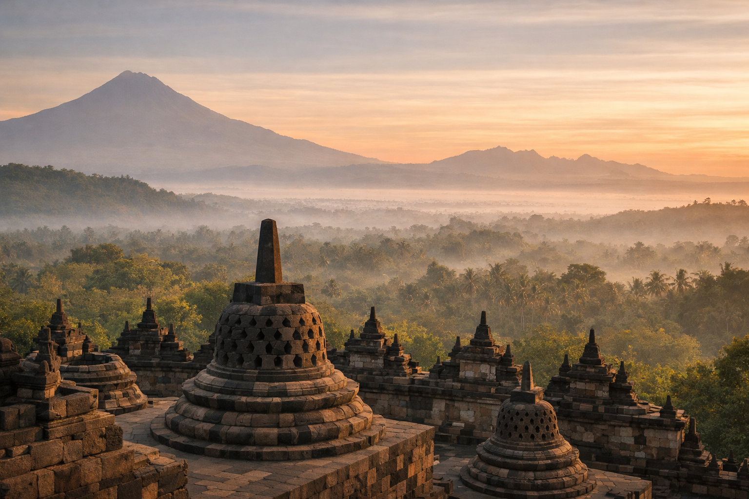Asian temple complex amid green hills and mountains