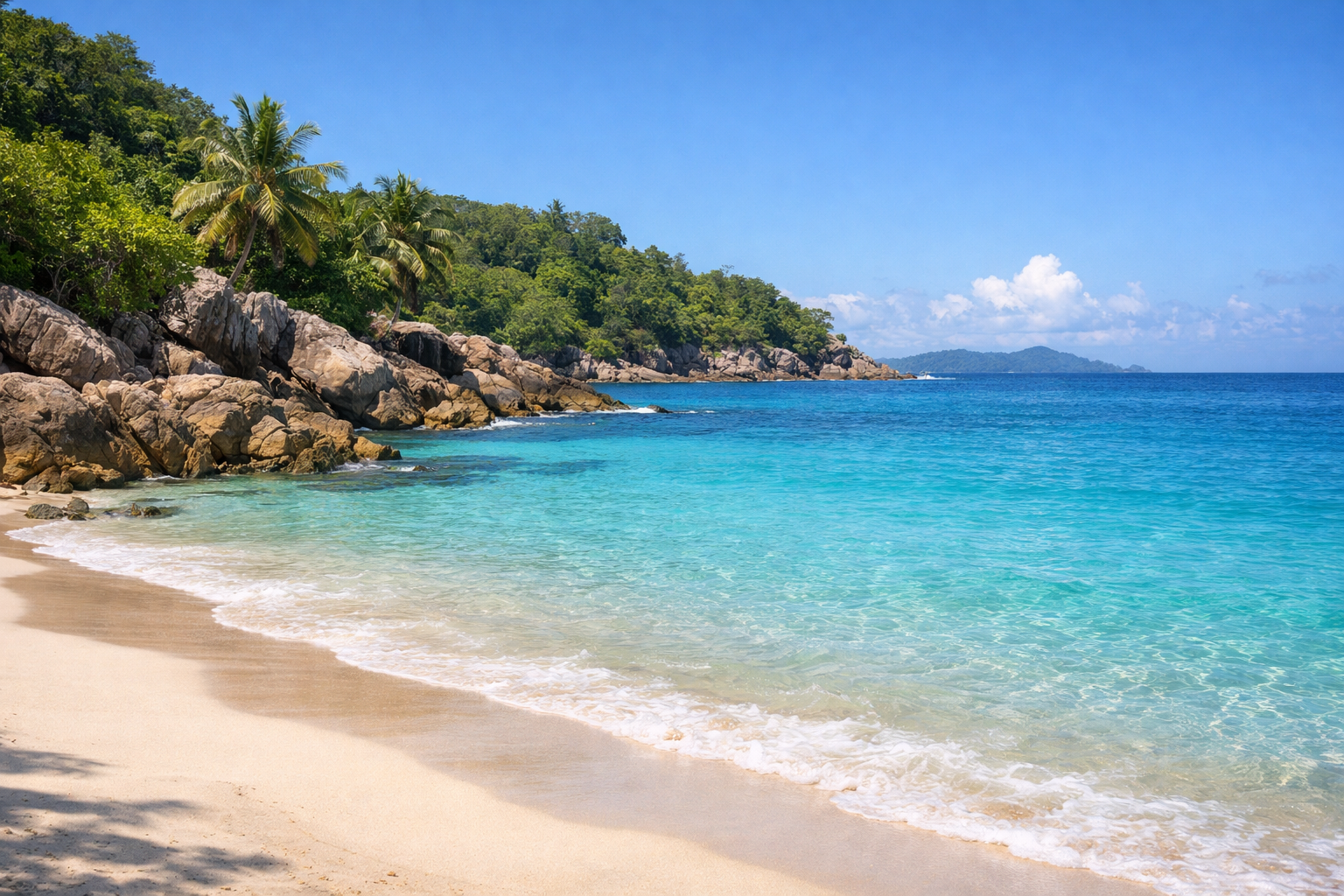 Tropical beach with turquoise water and coastal rocks