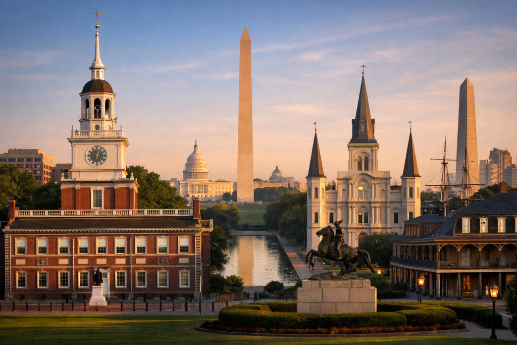 Historic American city skyline with landmark buildings and a museum district