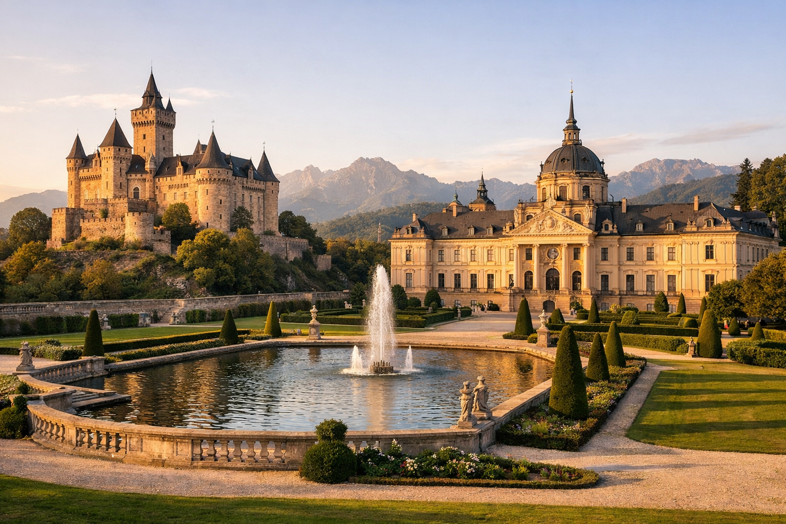 Historic castle and palace amid landscaped gardens