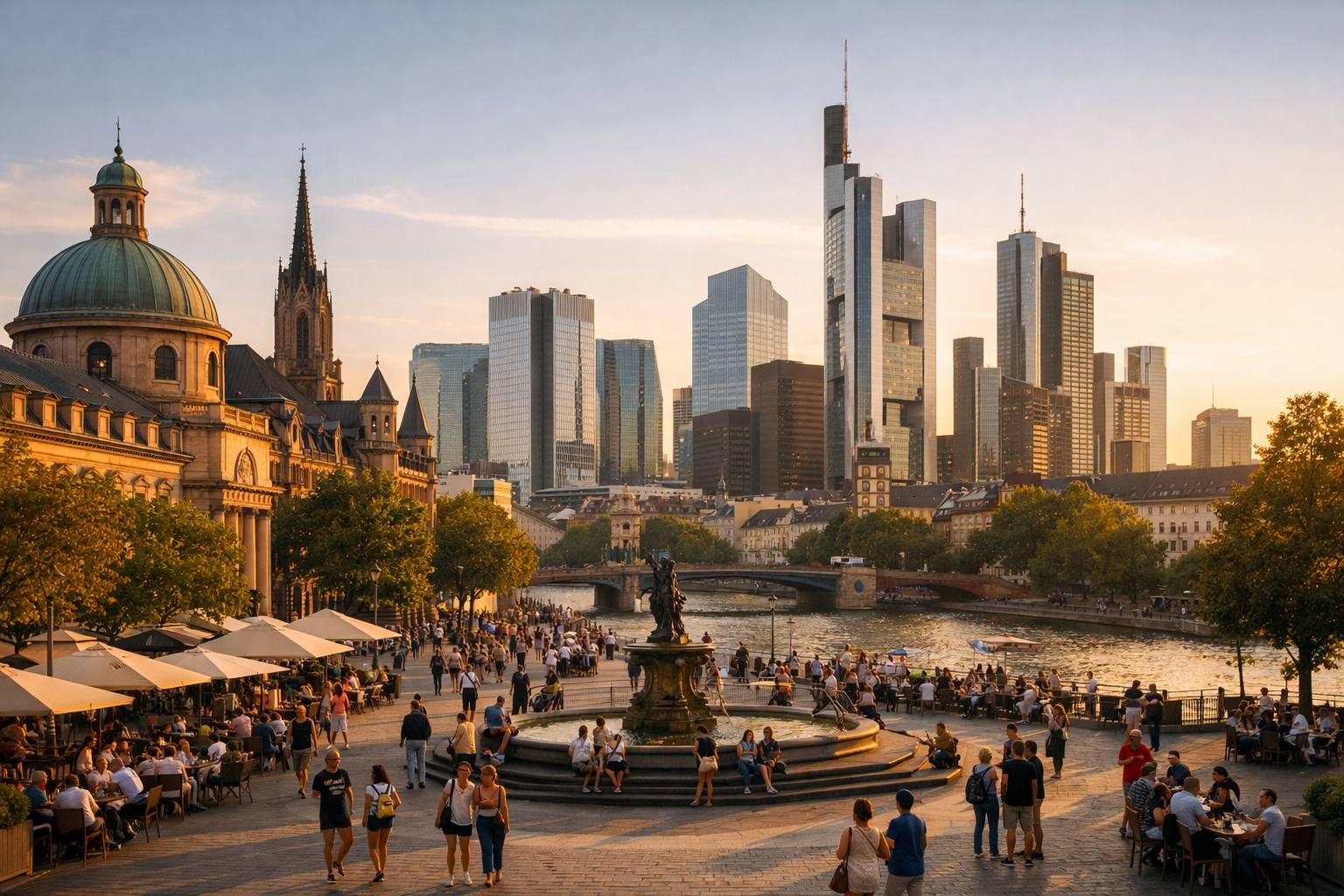 Global city skyline with historic and modern architecture