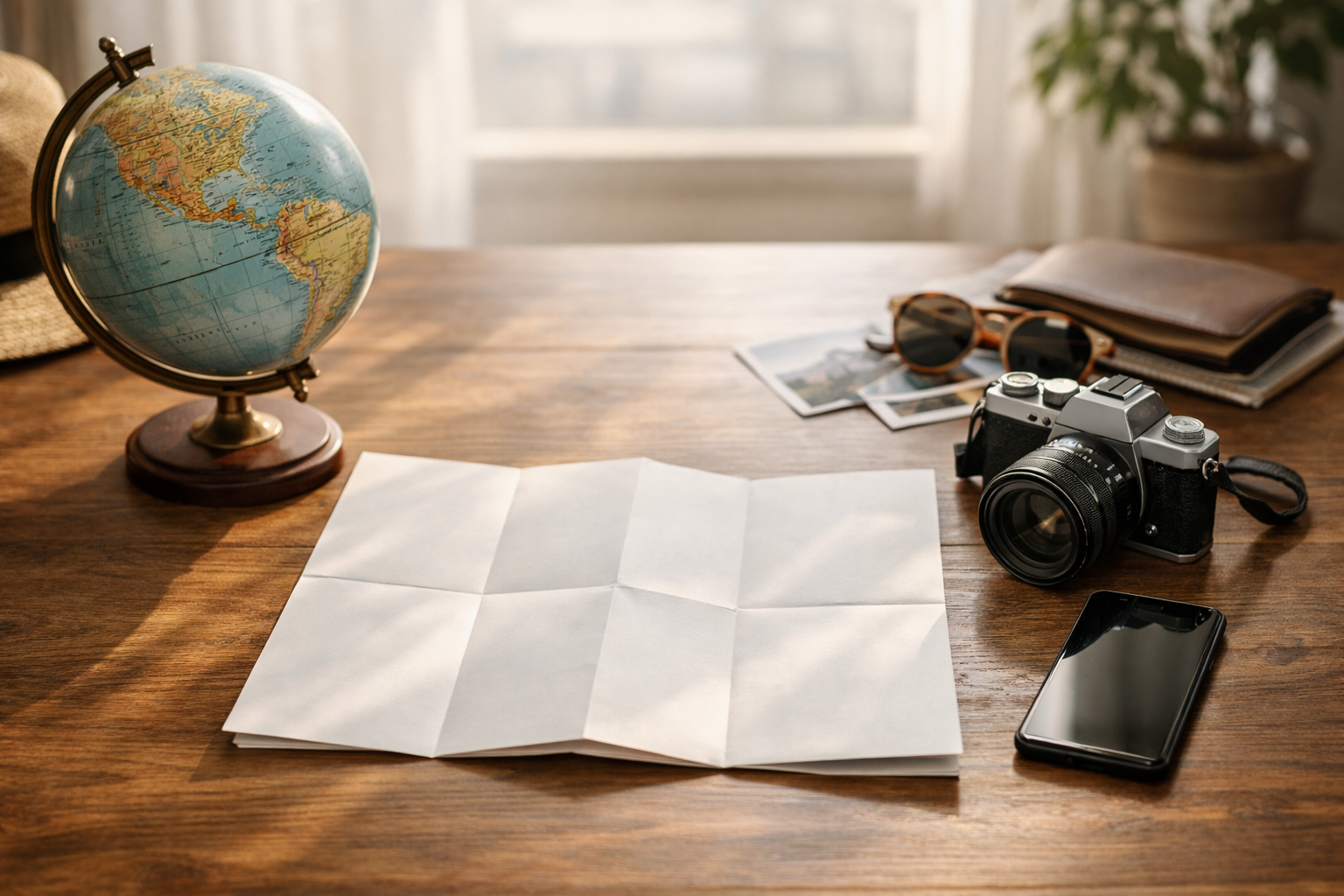 Travel planning desk with globe and camera