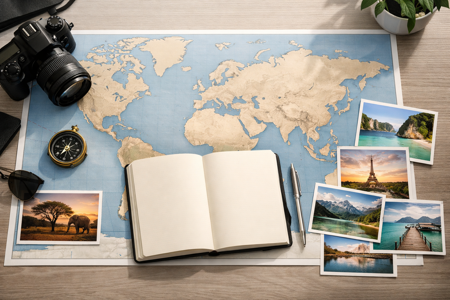 Travel editorial workspace with map, camera and notebook