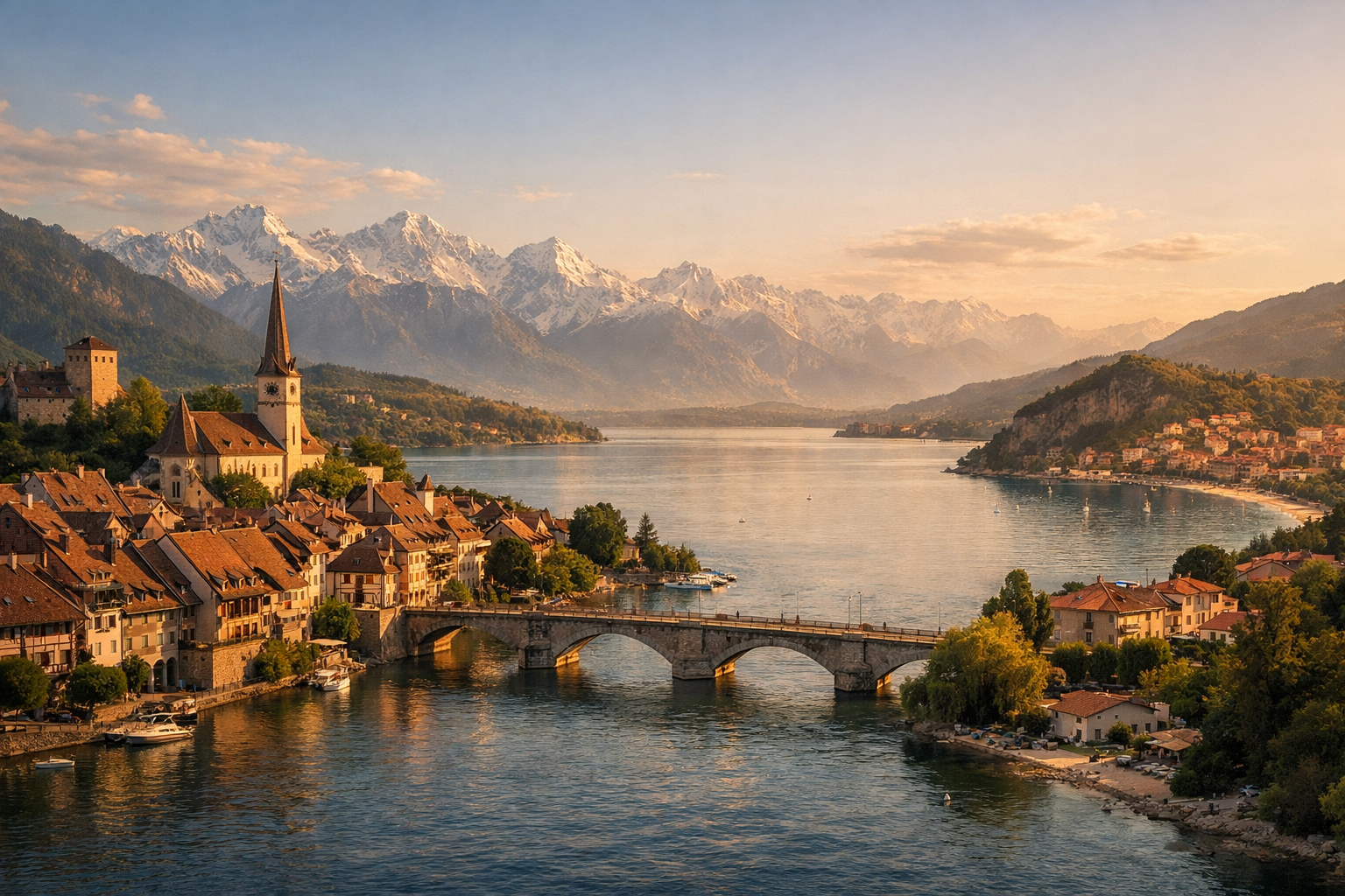 Historic European city with mountains and coastline
