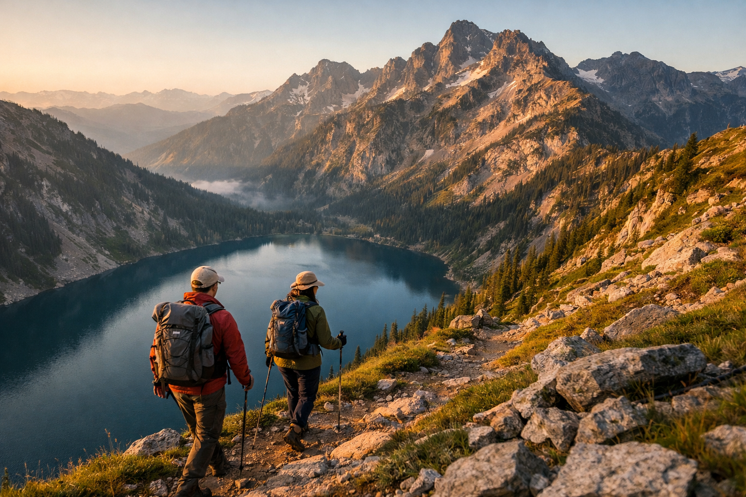 Travellers hiking above an alpine lake