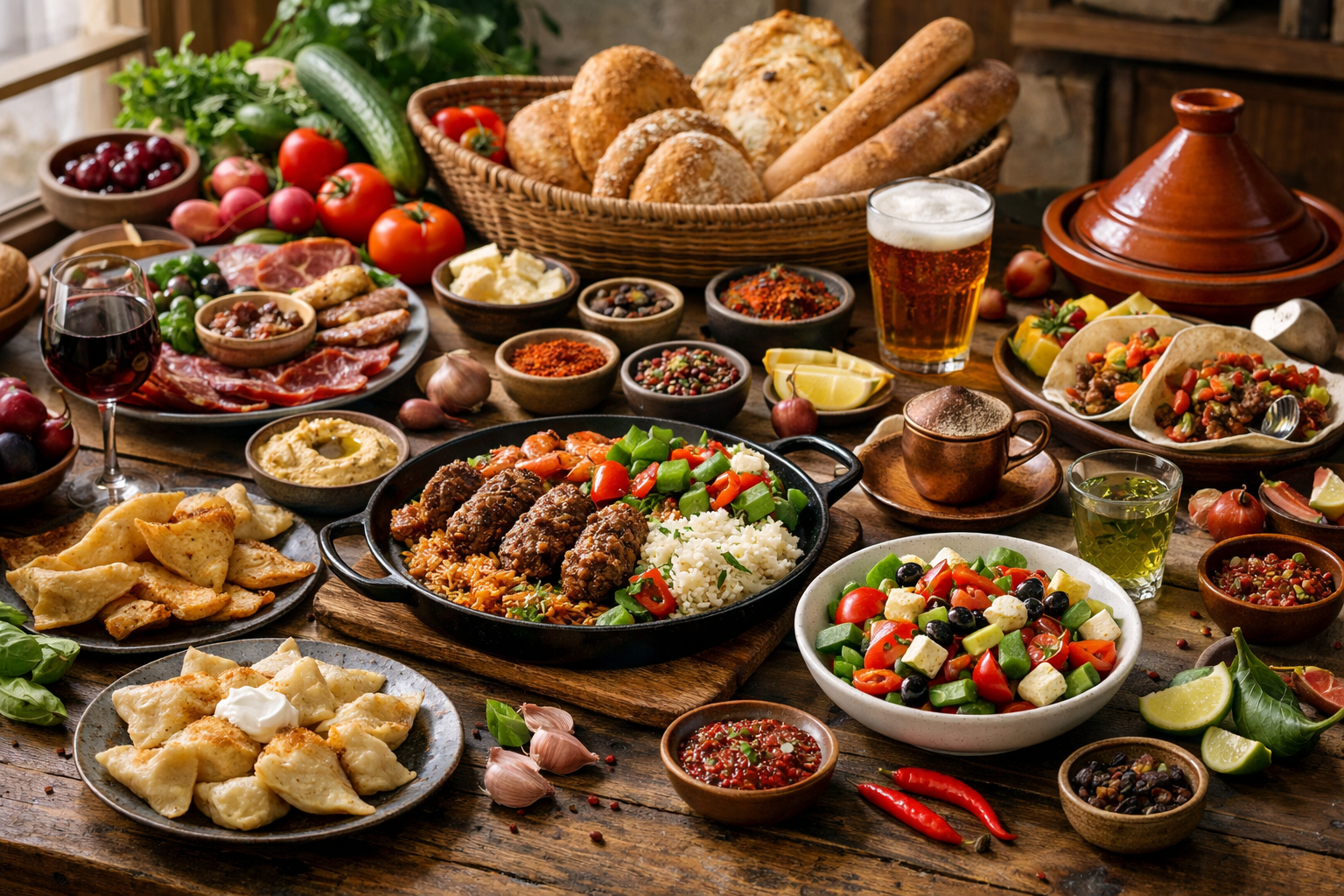 Regional dishes and drinks on a dining table