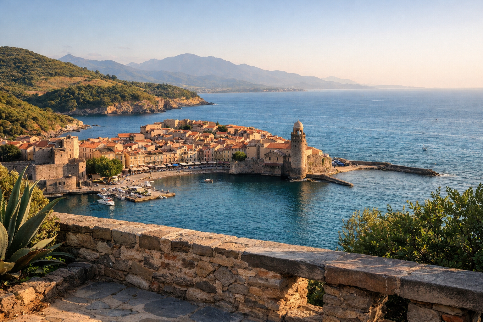 Historic coastal town overlooking the sea and mountains