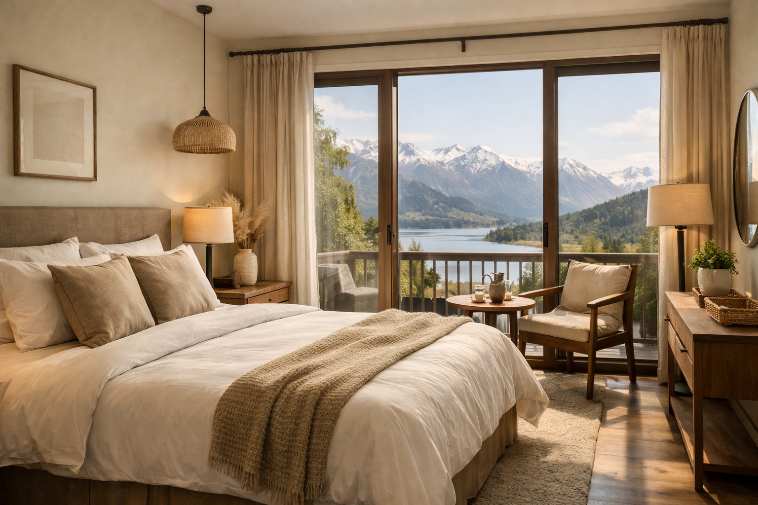 Stylish hotel room with a scenic view