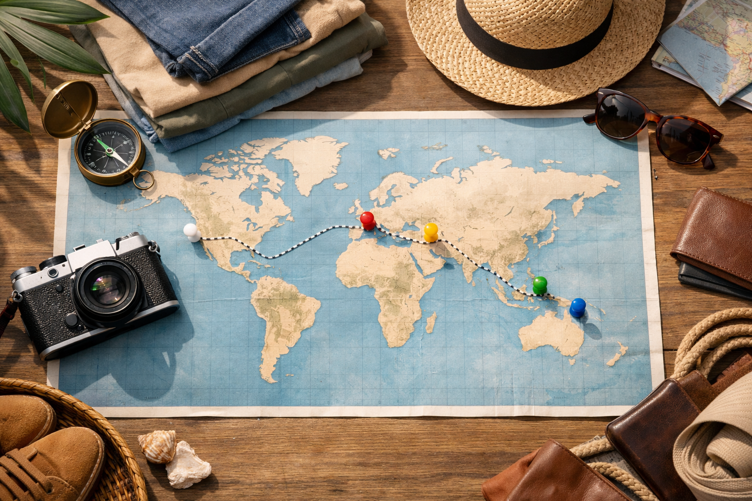 World travel itinerary planning with a map and compass