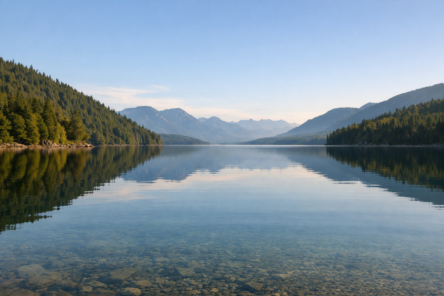 Scenic lake surrounded by forests and mountains