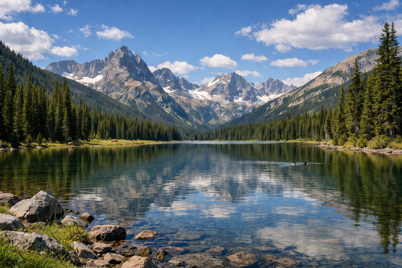 Mountain lake surrounded by forest and rugged peaks