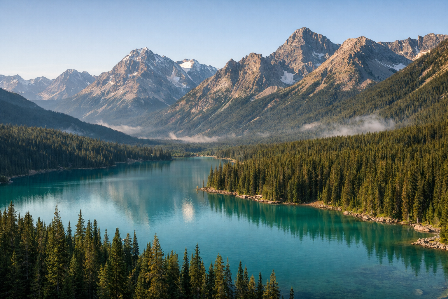 Mountain lake and evergreen forest in North America