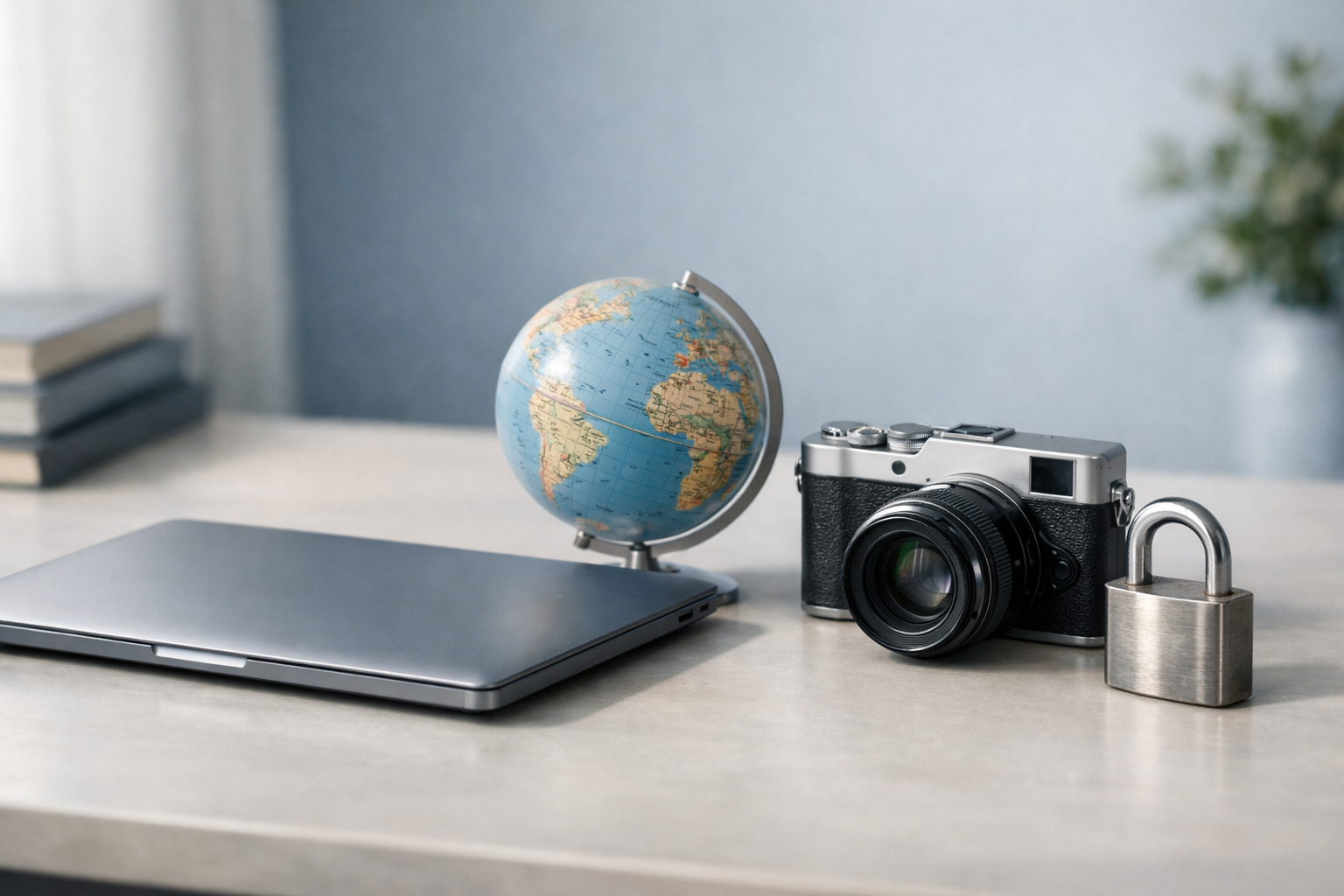 Padlock beside travel items and a laptop