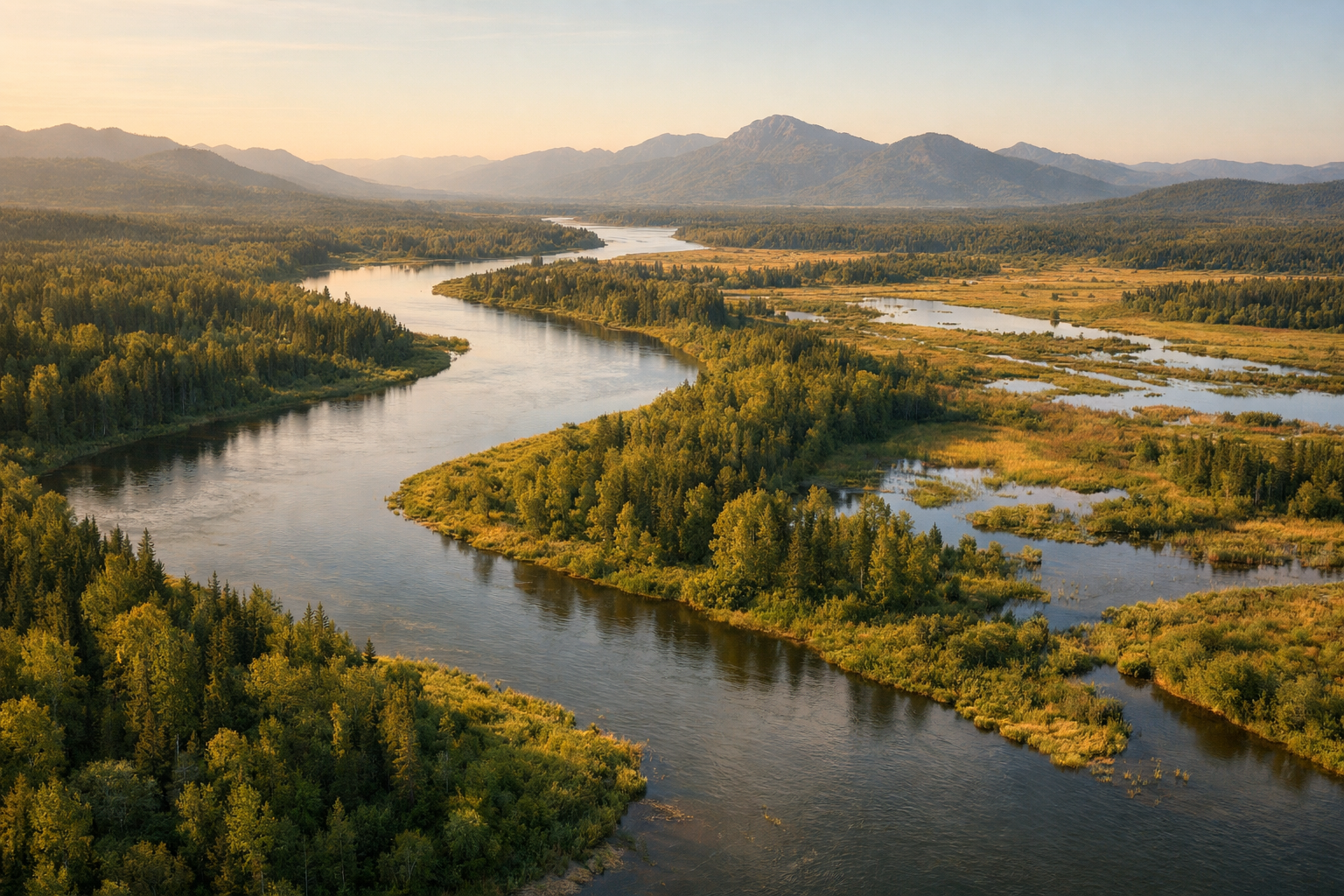 Winding river flowing through a lush landscape
