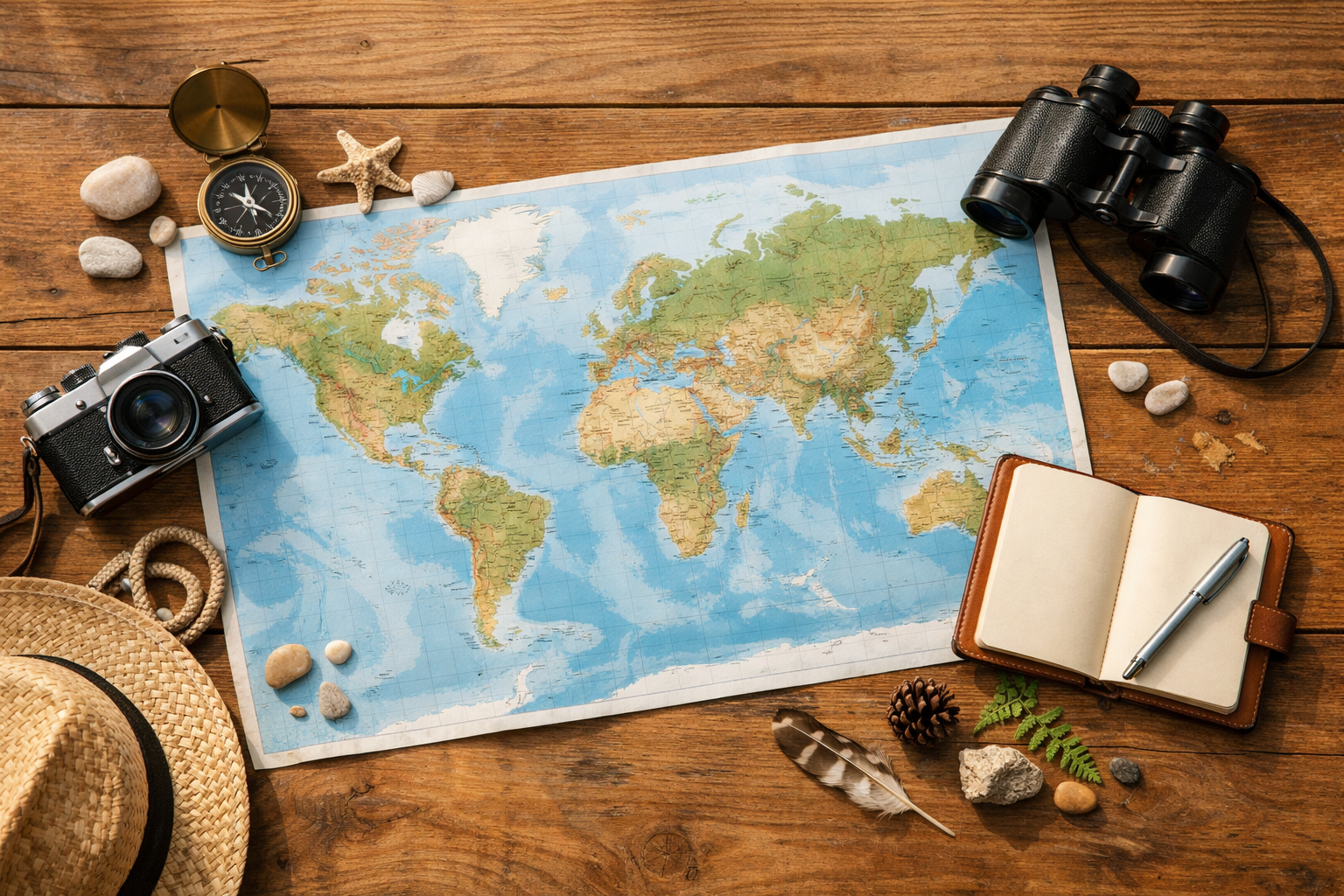 World map and travel planning essentials