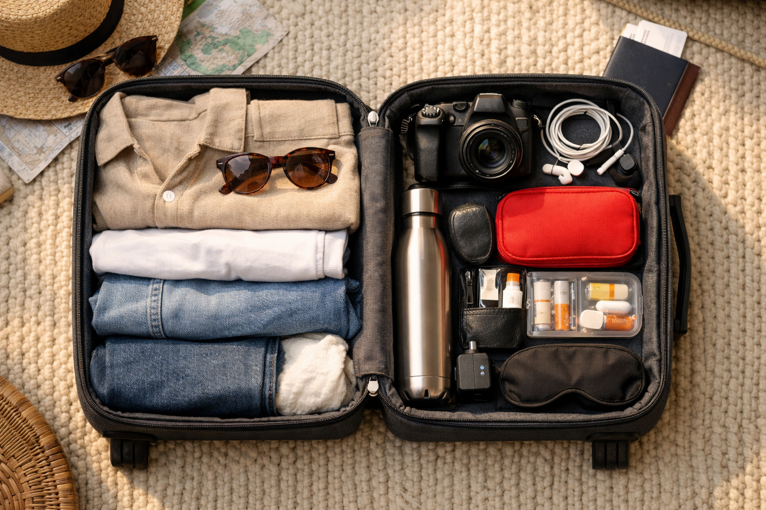 Open suitcase with practical travel essentials