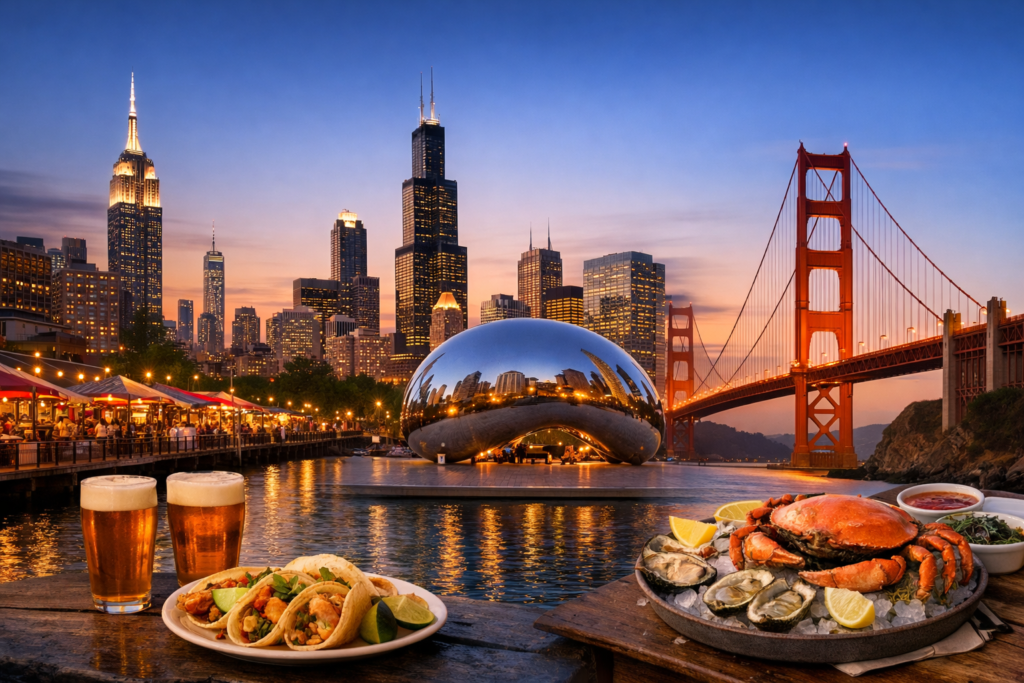 Vibrant American food city street with outdoor dining and local dishes