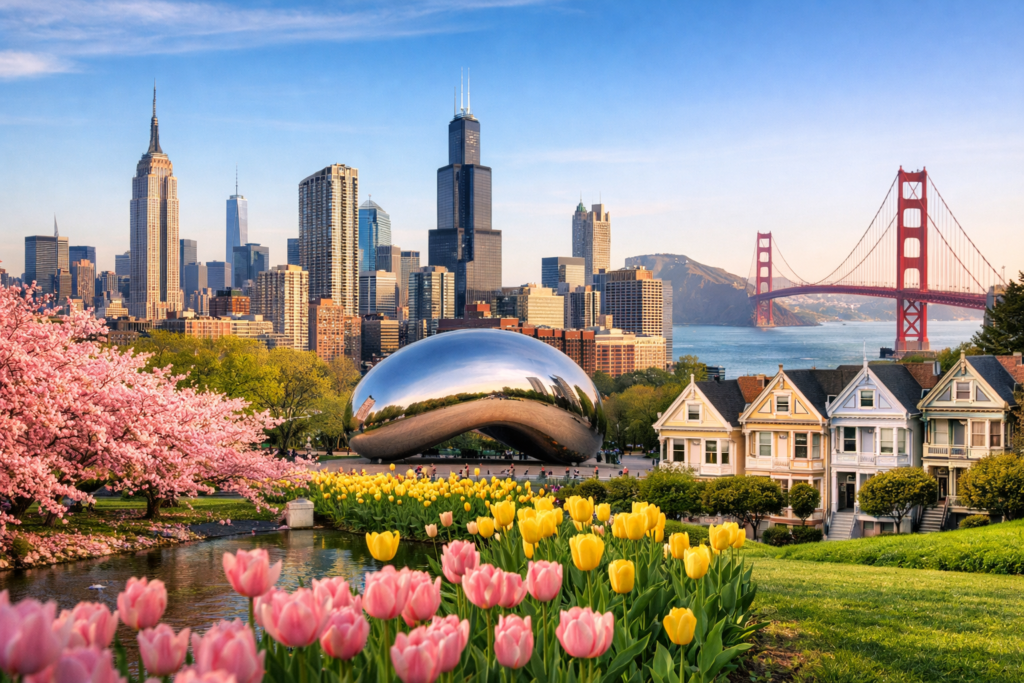 Spring city skyline with flowering trees and visitors walking near a waterfront monument