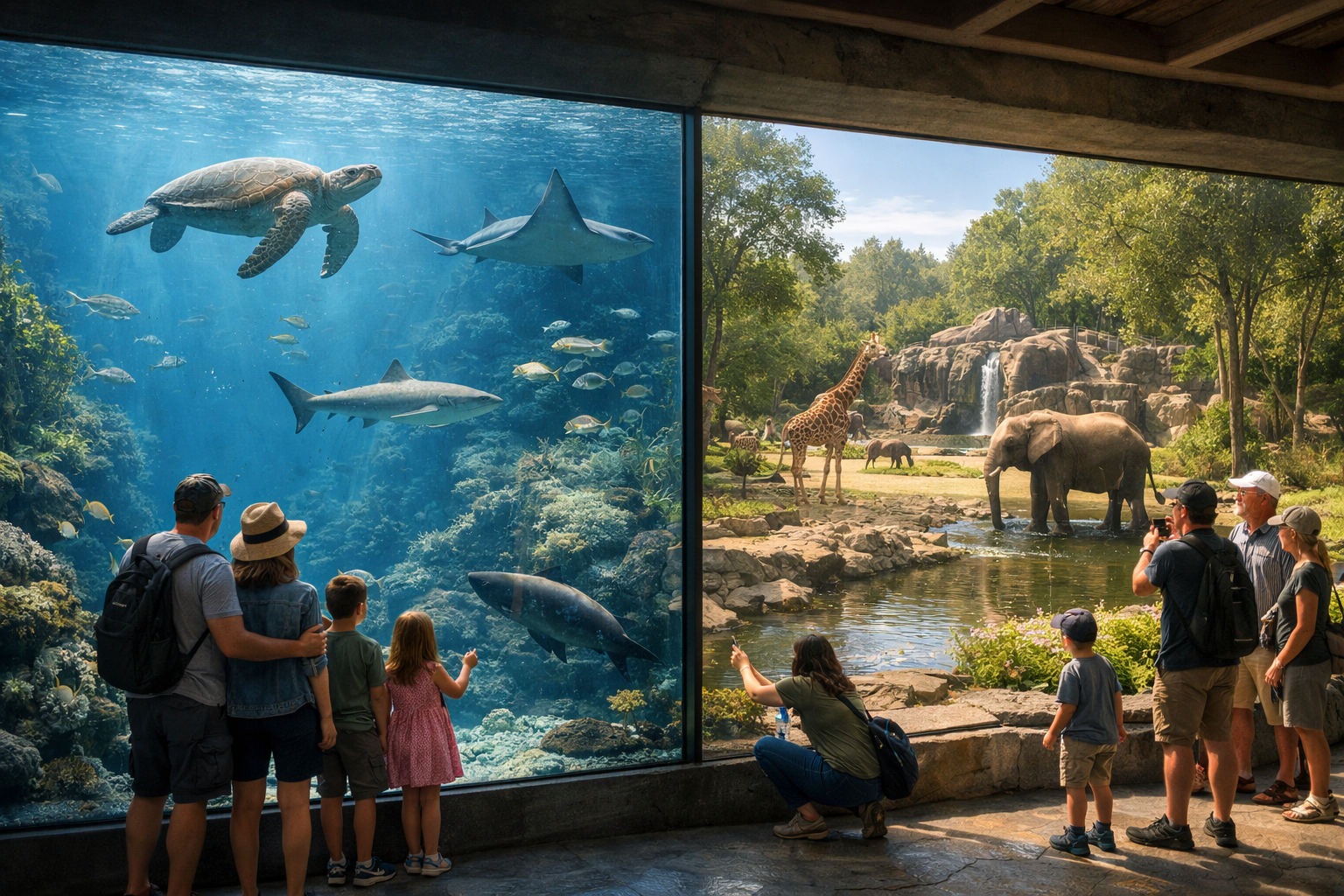 Visitors exploring a modern zoo and aquarium